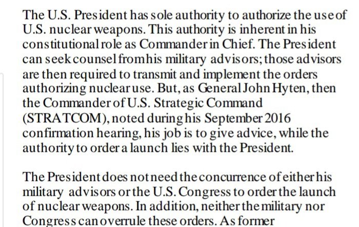 Need official government proof that the POTUS has unilateral authority to launch nuclear weapons and no one can stop him?Here you go, from December 2020:7/x https://crsreports.congress.gov/product/pdf/IF/IF10521/7