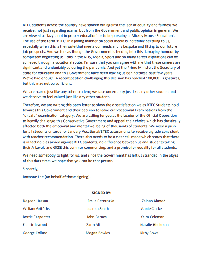 btecvoices's tweet photo. Open Letter addressed to @Keir_Starmer 

Written by #BTEC Students and for BTEC Students. 

#DearKeir we have endured enough inconsideration and neglect. 

We are asking you to take action. 

@UKLabour @KateGreenSU #btecexams #btecexams2021 https://t.co/YEuqaH0v7t