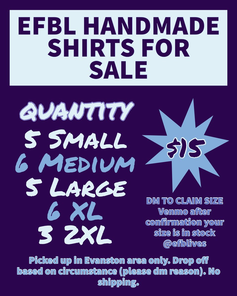 Efblives's tweet photo. ✨EFBL HANDMADE SHIRTS FOR SALE✨

When you purchase an EFBL t-shirt, your funds will directly help fund an Evanston community fridge and community garden.

(Further instructions on how to purchase on second slide. We have a limited supply) https://t.co/Qsnw322B2U