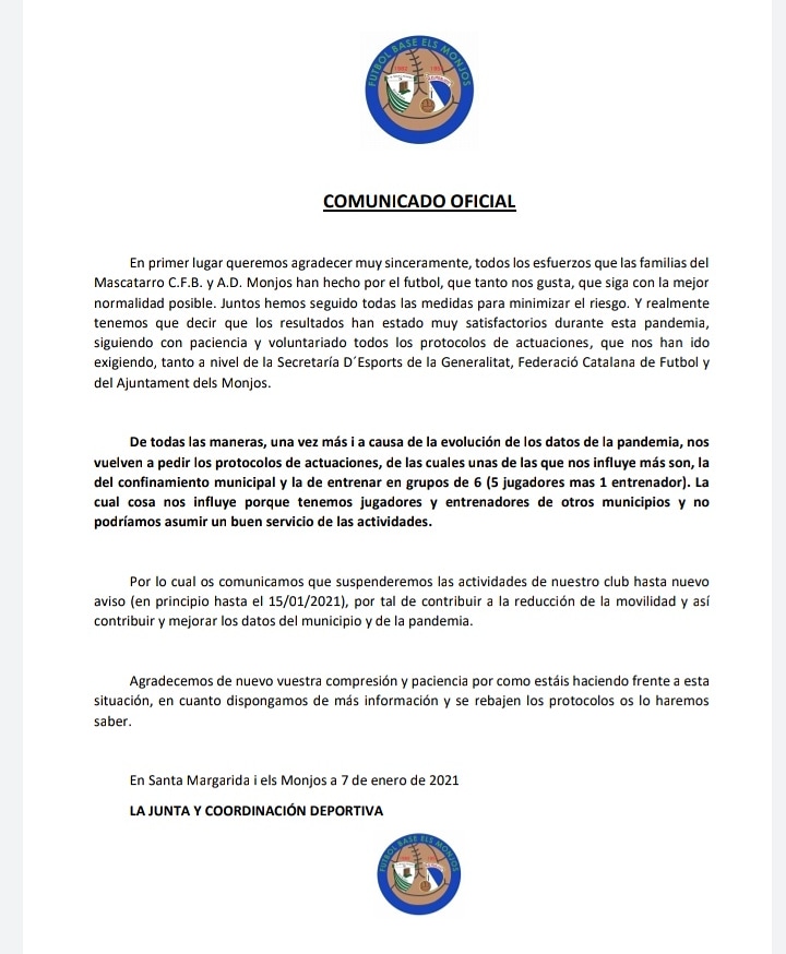 COMUNICAT OFICIAL DEL CLUB

<a href="/smmonjos/">Ajuntament de Santa Margarida i els Monjos</a> #FBMASCATARRO #ADMONJOS #futbolpenedesenc #futbolcat #ORGULLOSA #futbolfemenino #futbolbase