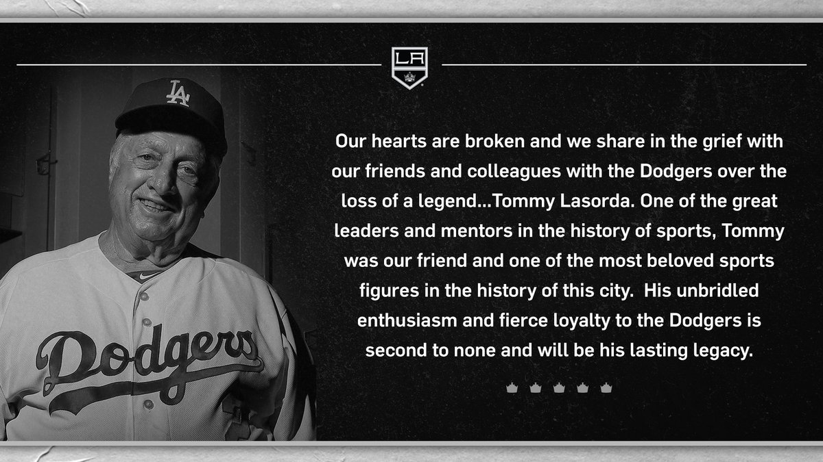 LAKings's tweet photo. Our hearts are broken and we share in the grief with our friends and colleagues with the @Dodgers over the loss of a legend... Tommy Lasorda. https://t.co/3gBBSm1pPz