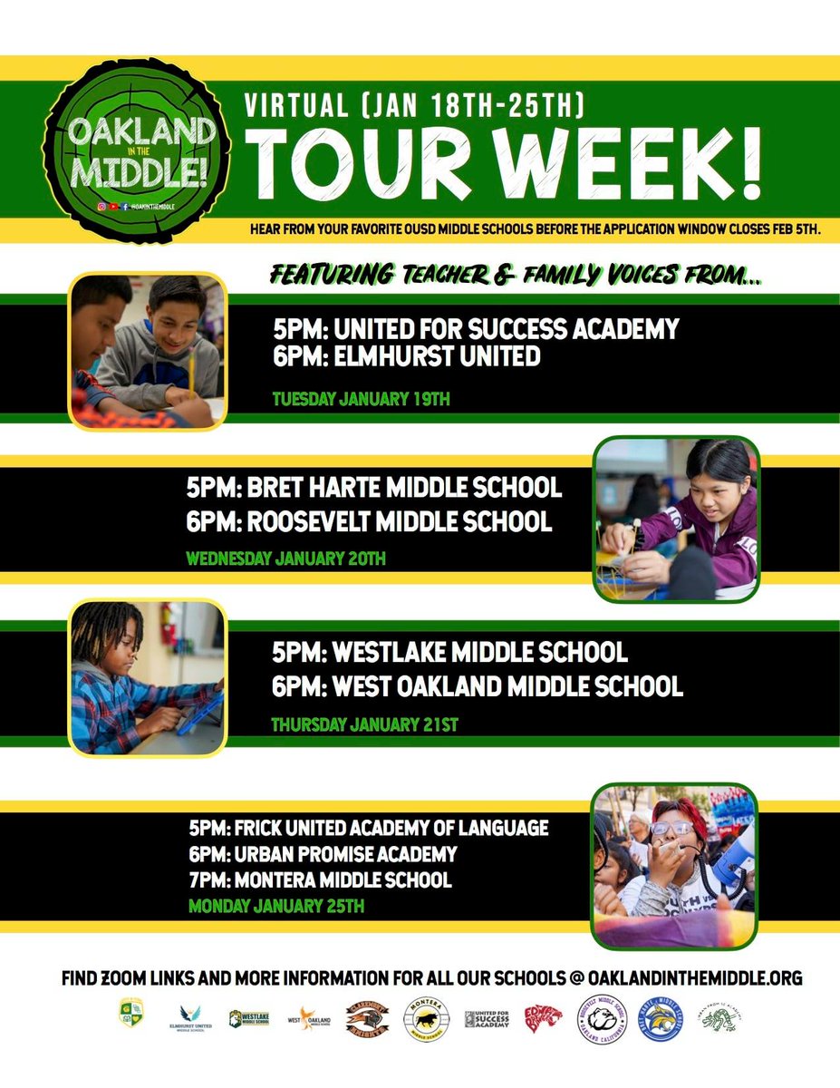 Find the right middle school for your child! Take a virtual tour of one of our great middle schools, starting the week of January 18. More info: ousd.org/middleschoolto…