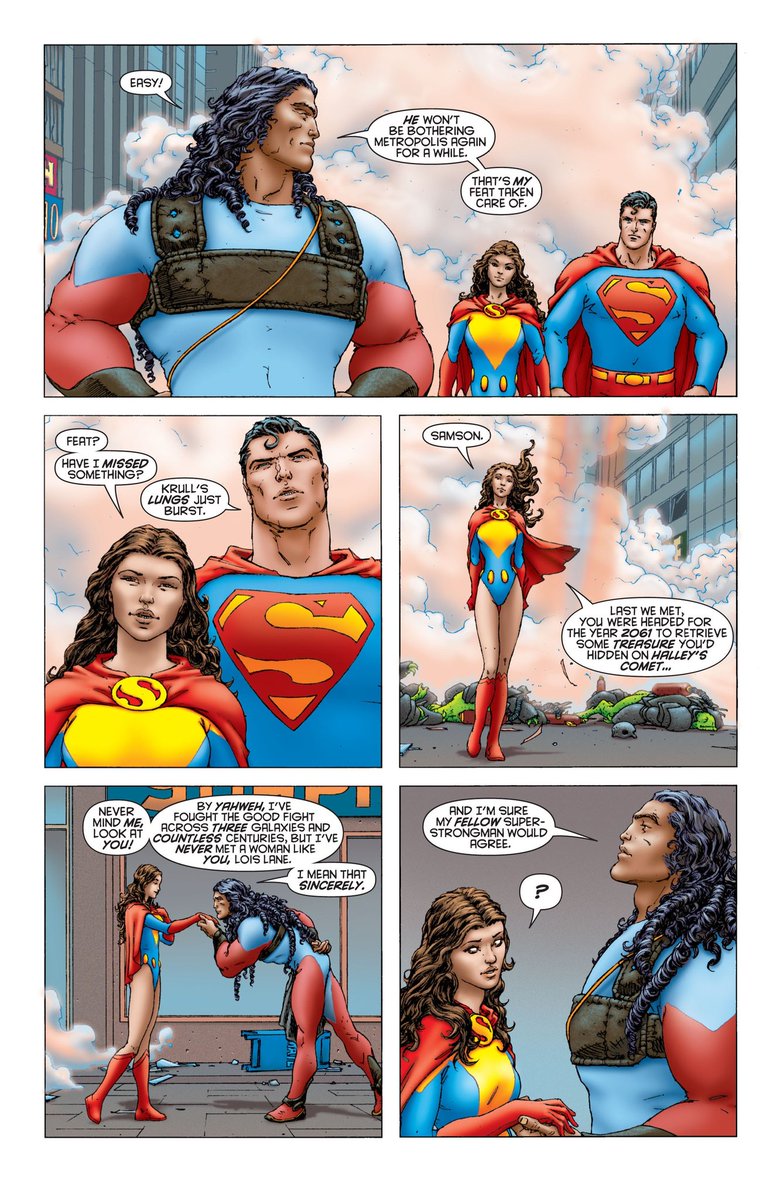 Let's tackle Samson and Atlas. Pitting Superman against mythological strongman as a way to contrast his form of heroism with the ancient, hypermasculine, self-aggrandizing represented by these two is golden.