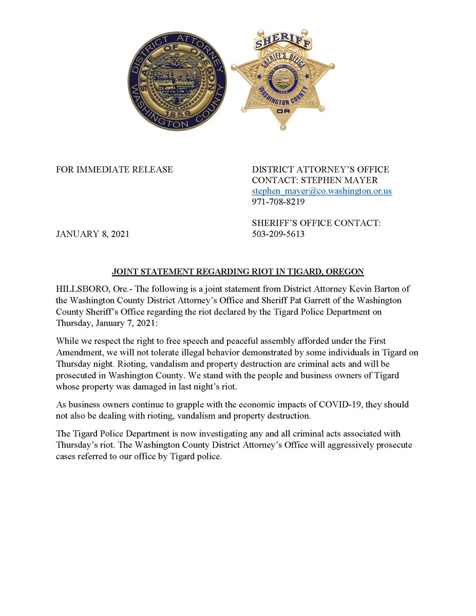 WCSOOregon's tweet photo. Joint Statement with @washco_da Regarding Riot in Tigard, Oregon: https://t.co/AgSQRqNAhv https://t.co/c089mojjsl