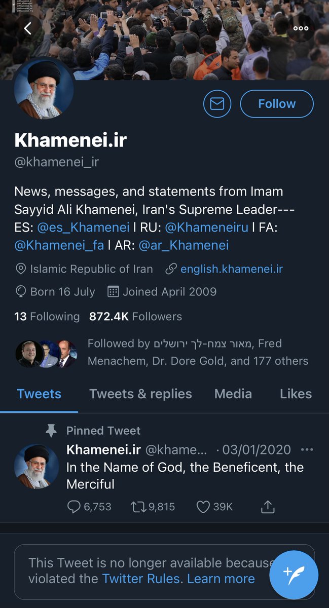 HananyaNaftali's tweet photo. Twitter and Facebook decided to ban Donald Trump from social media.

Why haven’t they banned Iran’s Supreme leader @khamenei_ir that denies the Holocaust and openly calls for the destruction of Israel? He is inciting terrorism! https://t.co/ZIemO3KGbD