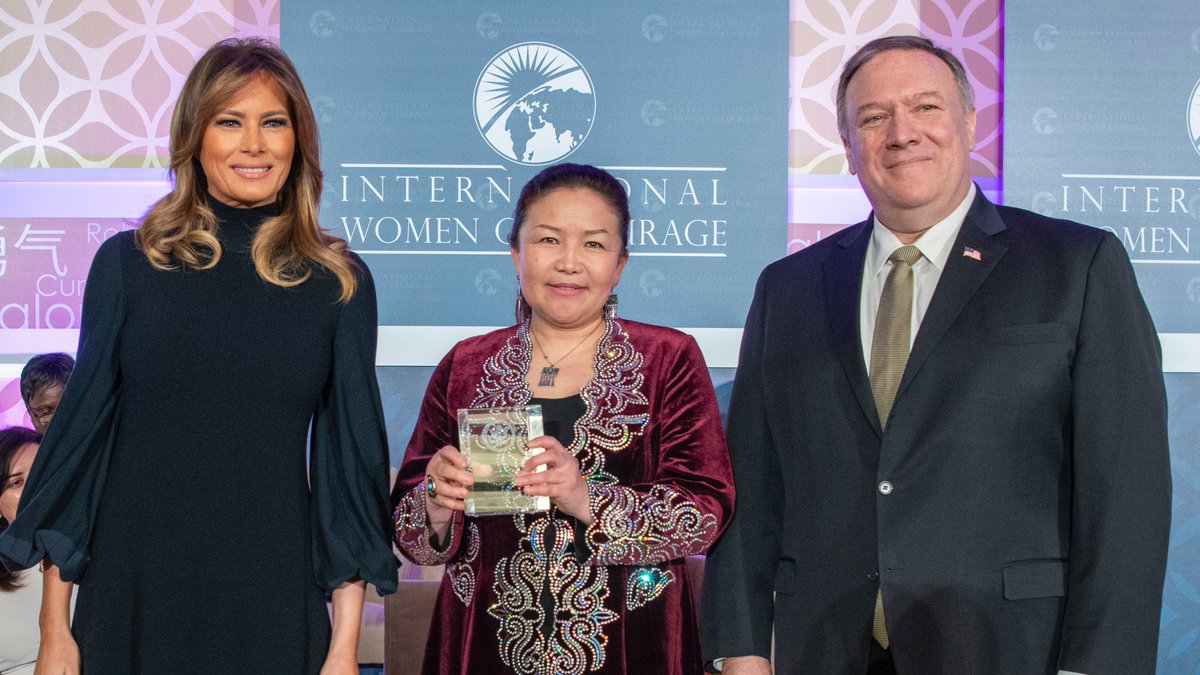 SecPompeo's tweet photo. I salute International Women of Courage awardee Sayragul Sauytbay, who defied the CCP &amp; talked about abuse of Uyghurs and other Muslim women. So proud to stand with her &amp; all our brave #IWOC recipients, including #TiananmenMothers. https://t.co/HnhmQ9nGiI