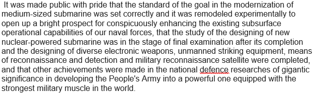 Incredibly fascinating: for the first time, Kim reveals that North Korea was conducting work into naval nuclear propulsion from submarines (something I revealed in my book). Also implies that the July 2018 submarine (Romeo mod) not be an SSB.