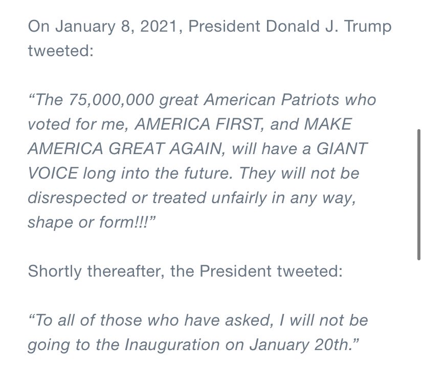 THESE two tweets are the tweets cited by Twitter under the “Glorification of Violence” policy to permanently ban the sitting President of the United States from a social media platform.Seriously. Read those 2 tweets & show me where he glorifies violence.Big tech is a threat.