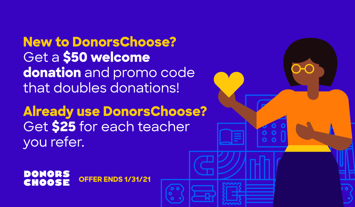 DonorsChoose's tweet photo. Teachers: it’s the perfect time to help someone get started on DonorsChoose! This month, each teacher you refer gets a $50 donation when they submit their first project. Plus, you get a $25 DonorsChoose gift card for every teacher you refer. Get started: https://t.co/VsPRR2beVJ https://t.co/r5ul1eSlGv