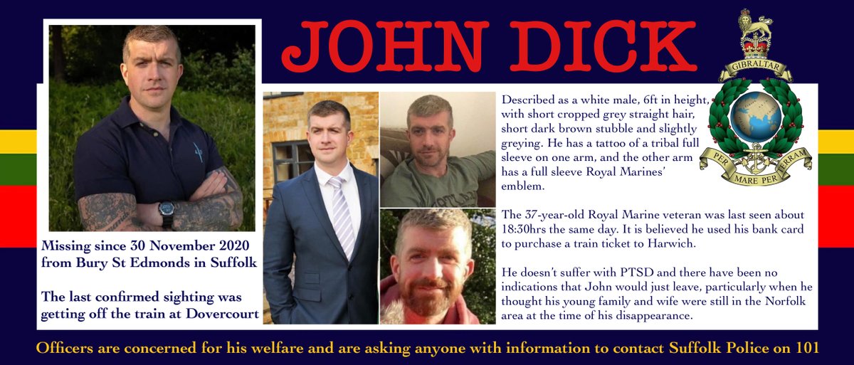 This week’s #SaturdayShare is for John Dick who has been missing since 30 November 2020 from Bury St Edmunds. For full appeal visit our Facebook Group facebook.com/groups/missing…  #SaturdayShare #HelpFindJohn #MissingPersonsSupport #MissingVeteran #RoyalMarines