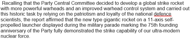 On the new 11-axle ICBM, which remains unnamed here (but analysts have taken to calling it the "Hwasong-16"). Implies that the large payload fairing may be intended for a "more powerful warhead," but MIRVs appear elsewhere (above).