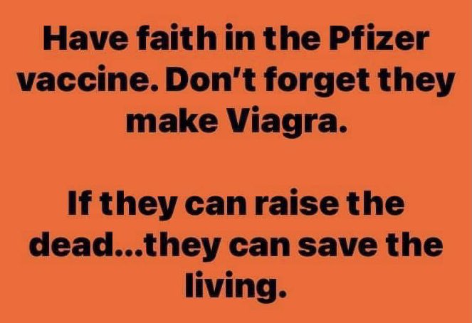 HowardFarran's tweet photo. Have faith in the Pfizer vaccine. Don’t forget they make Viagra. If they can raise the dead...they can save the living. https://t.co/3J8ppqblA8