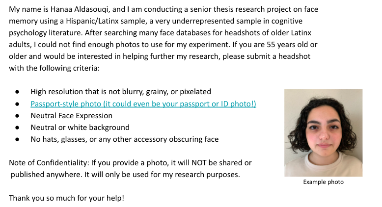 HanaaAldasouqi's tweet photo. Call for Headshots for Research: Latinx Adults Ages 55+
Please contribute to diversifying stimuli in #cognitivepsych research and help with my senior thesis research project!

https://t.co/vl82VXnqaR https://t.co/NGp5xHolB8