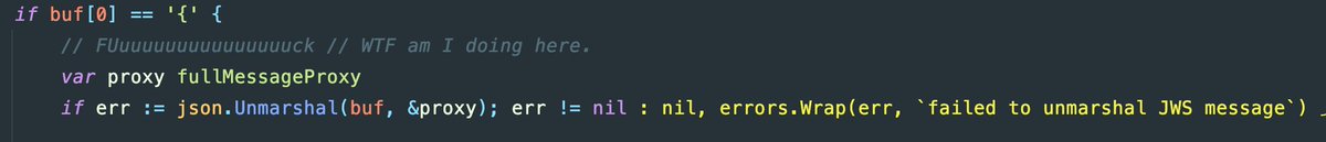 steevehook's tweet image. And people say programming is stressful. Here's an example of comment from a library. It was clearly written in the happiest moment 🤔
I guess JWS is not so stressful #golang