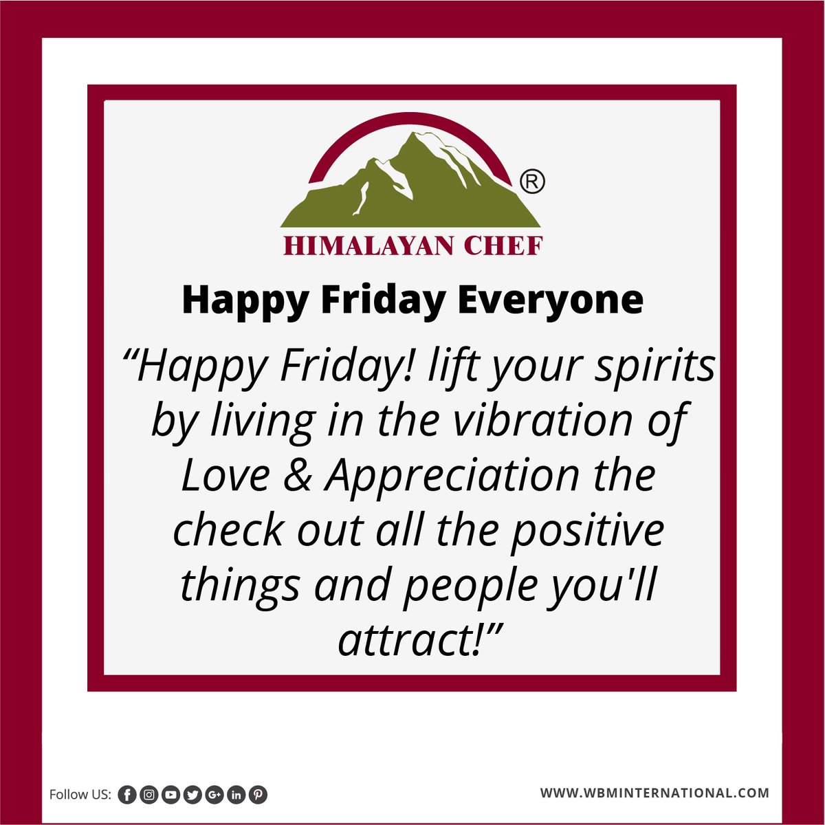 HimalayanChef's tweet photo. #himalayanchefhappyfriday
Happy Friday everyone!
Happy Friday! lift your spirits by living in the vibration of Love & Appreciation the check out all the positive things and people you'll attract!
#himalayanchef #himalayanpinksalt #saltcookingplate #saltslab #saltplate #WBM https://t.co/EudRxhCOab