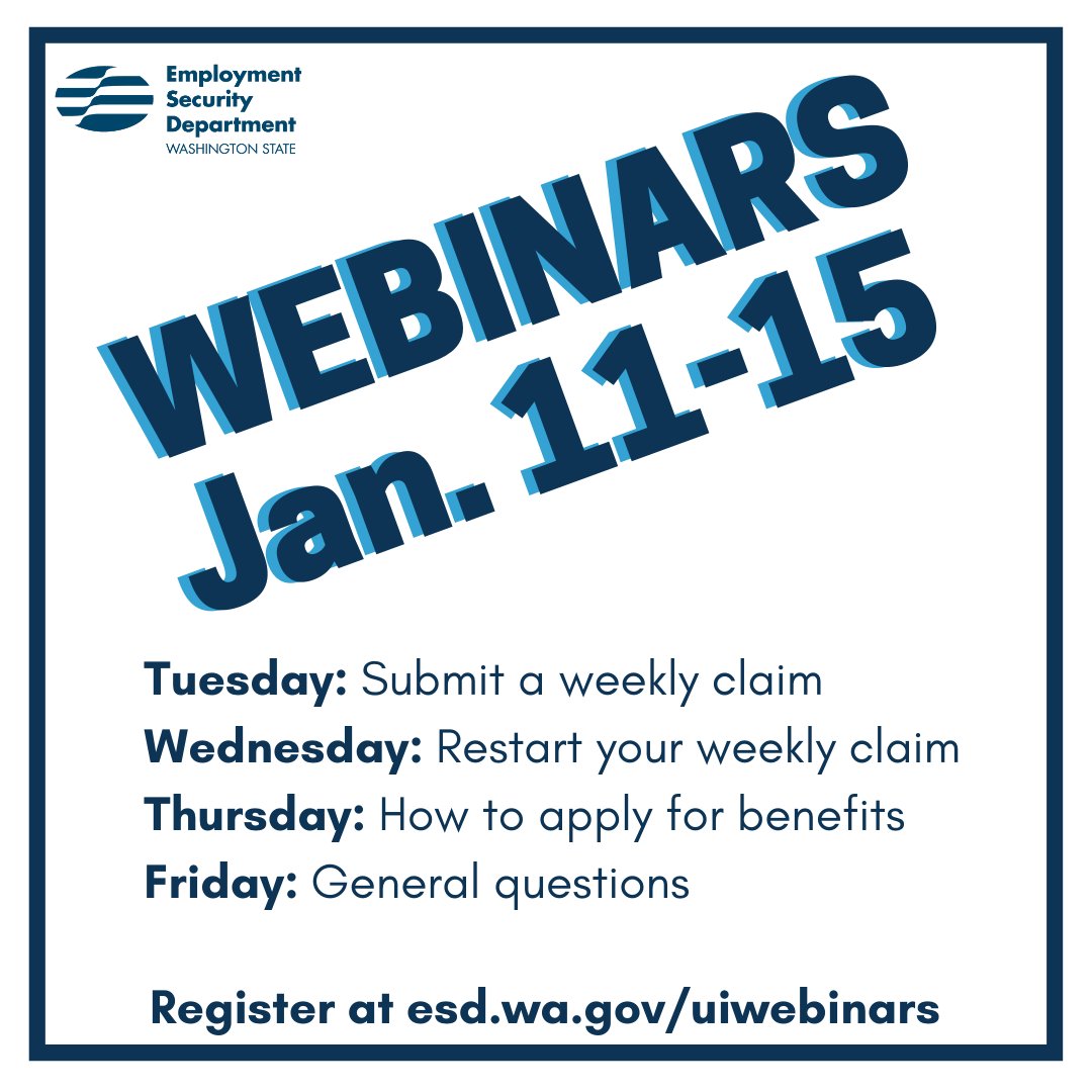 New to unemployment or have questions about the CARES Act extensions? Our webinars next week can help! We've added a special general Q&amp;A session on Friday. Learn more &amp; register ➡️ esd.wa.gov/uiwebinars