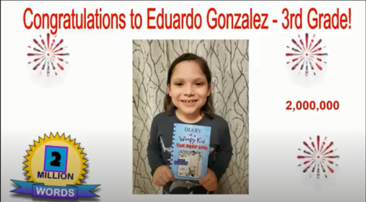 WISDRicoLib's tweet photo. Congratulations to Eduardo Gonzalez in 3rd grade for reaching his personal goal of two million words before the new semester.  Yay! https://t.co/9nVGxrF5UF
