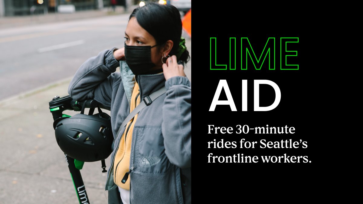 limebike's tweet photo. Keeping cities healthy means doing our part to support health care and other frontline workers. Today, we launched #LimeAid in #Seattle to provide free 30-min rides for all essential workers in need of safe, alternative transportation modes. Sign up --> https://t.co/WhayTWqIno https://t.co/215sZ8Ht52