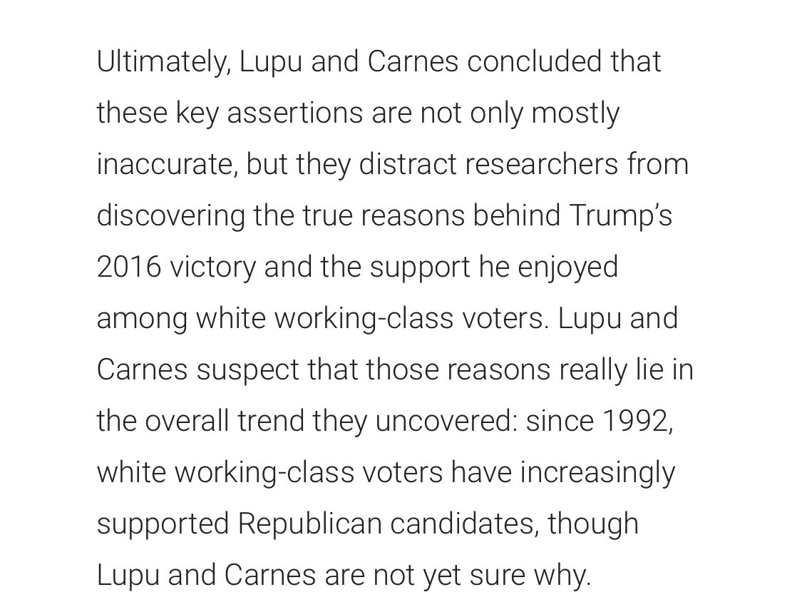 While Trump, as Republicans have for decades, did get 60 percent of the white working class vote, only 30 percent of his voters were white working class.