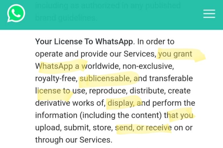 *** NEW #WHATSAPP RULES ***

From Monday, <a href="/Facebook/">Facebook</a> reserves the right to SUBLICENSE your PRIVATE PHOTOS that you send in a WhatsApp message to a third party FOR DISPLAY.

Or make memes ("derivative works") out of. FOR DISPLAY.

Really.

#ByeByeWhatsApp