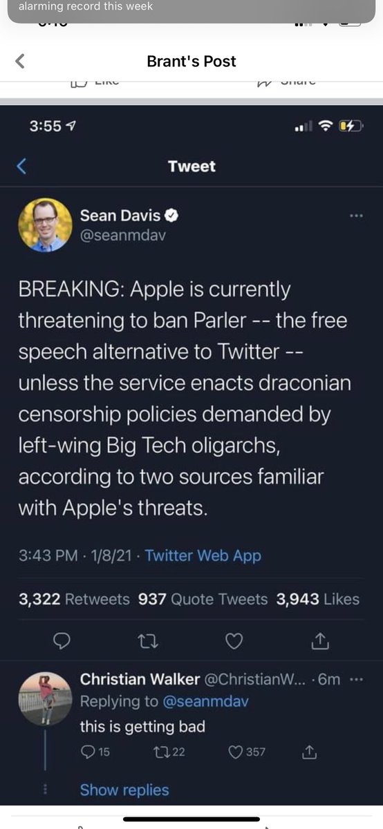 2021timeisnow's tweet photo. @drsharnael Apple is currently threatening to ban Parler. https://t.co/HEzofxH4C9