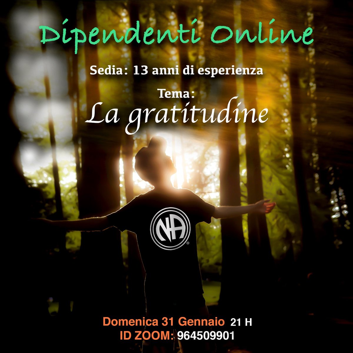NA_Italia's tweet photo. Il 31 gennaio alle 21 il Gruppo "Dipendenti OnLine" terrà una sedia dal tema ” La gratitudine”.
https://t.co/sfC68kLEan
Info
https://t.co/52d9eWzRd0
#narcoticianonimi #narcoticsanonymous #naworks #narocks #soloperoggi #12passi #12steps #ilrecuperoèancheonline #onlinerecovery https://t.co/bxyF057ps3