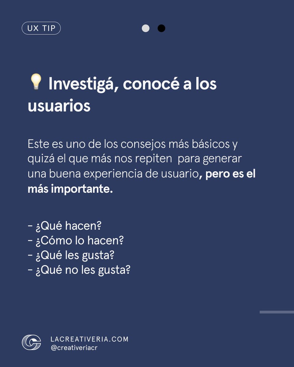 creativeriacr's tweet photo. Tips de UX - Parte I 
.
.
#metodologiasdediseño #innovación #innovacion #uxdesign #uxdesigncr #pensamientodediseño #designthinkig #creativeriacr #culturacreativeria #tecnología #innovacióntecnologica #userexperience #ideasinnovadoras #uxui #design #appdesign #digitaldesign https://t.co/5rbLdCfFSh