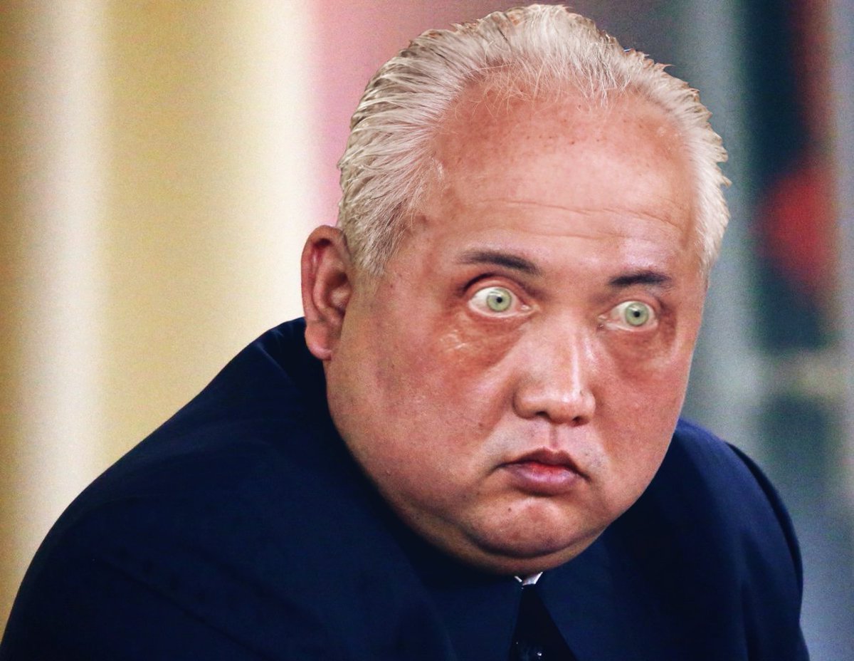 visualsatire's tweet image. Kim Jong-un with the hair of Mick McCarthy and the eyes of Pierluigi Collina.