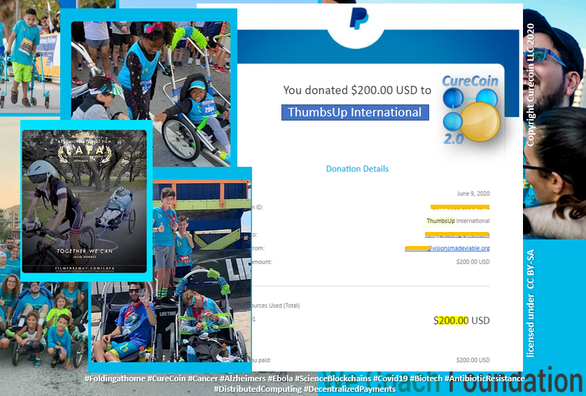 January 2021 #Curecoin donation to <a href="/ThumbsUpINT/">ThumbsUp Intl</a> has gone out thru #VisionsMadeViable. Thank Mr. <a href="/edolkkola/">Ed Olkkola</a> for donating #Curecoins to help <a href="/KerryGruson/">Kerry Gruson</a> empower athletes; young and old, abled and differently abled, to participate together as a community of equals.