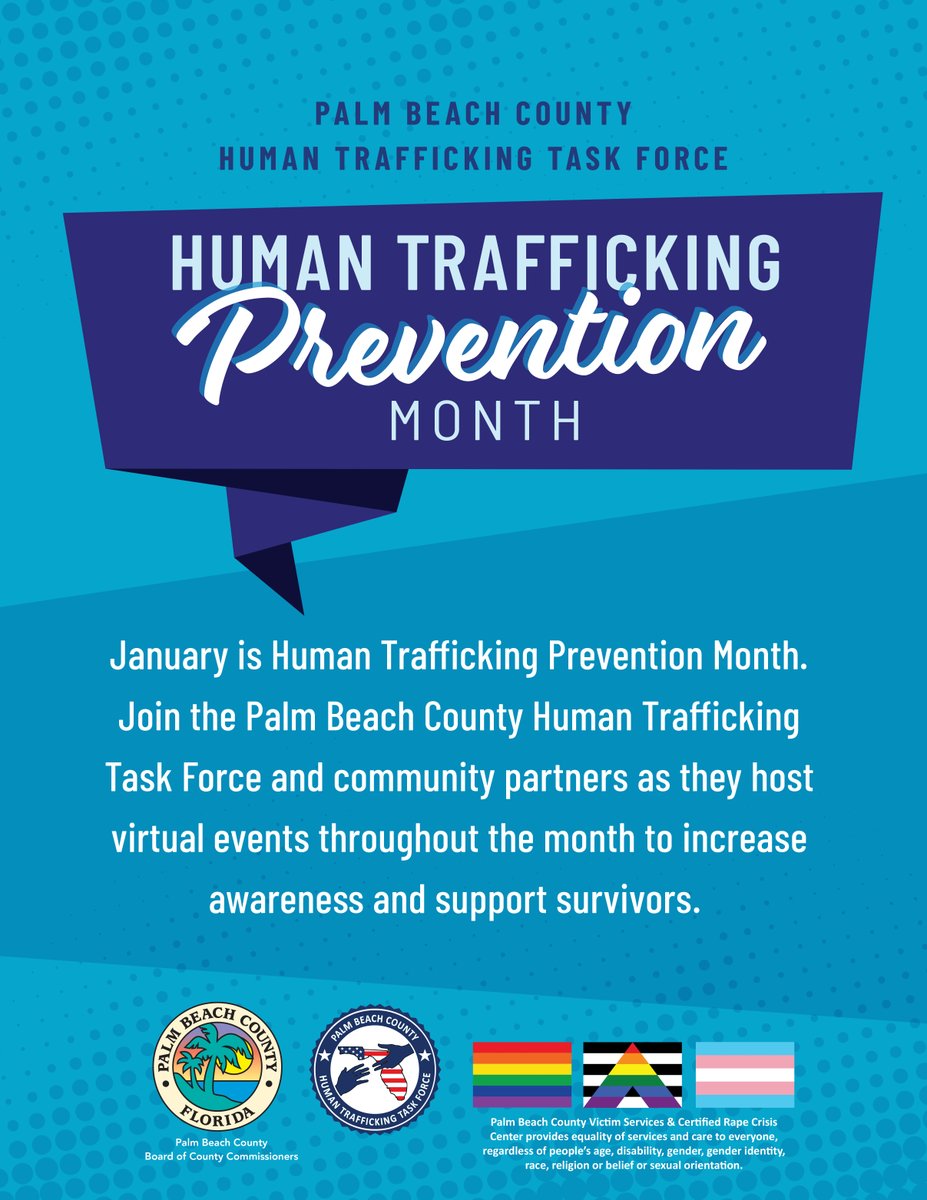 citydelraybeach's tweet photo. Join the Palm Beach County Human Trafficking Task Force, and community partners, in raising awareness and support for survivors of human trafficking with virtual events throughout the month of January. #PBCHTTaskForce #humantraffickingawareness
#PBSO #PBCVS #RedSandProject https://t.co/cUXAbAdAhH