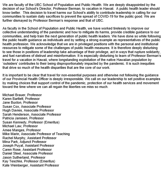 Many  @ubcspph faculty have signed this letter in response to the news released by  @jarmstrongbc and  @GlobalBC about holiday travel to  #Hawaii by our director, Prof Peter Berman. It has been sent to  @ubcprez and  @UBCmedicine. Some of my thoughts & feelings are below.1/n