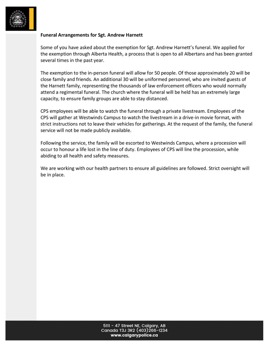 Please see the following statement in relation to the funeral of Sgt. Andrew Harnett. #yyc