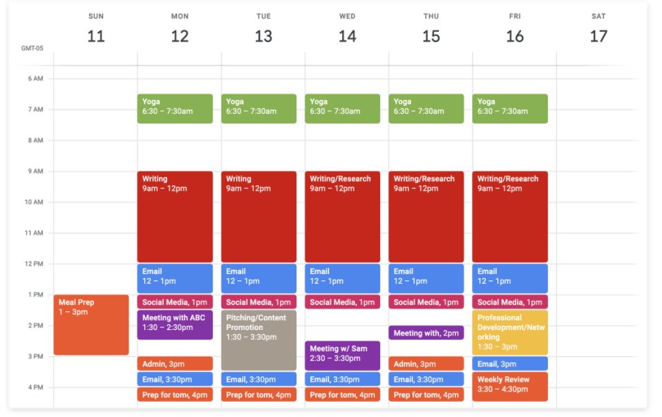 4b/ If you don't have a full-time job, my advice is to avoid booking any meetings until 3pm. Try it. It's game-changing.If you do have a job, can you add 3-hour blocks of time the mornings of M/W/F? Or on a weekend?