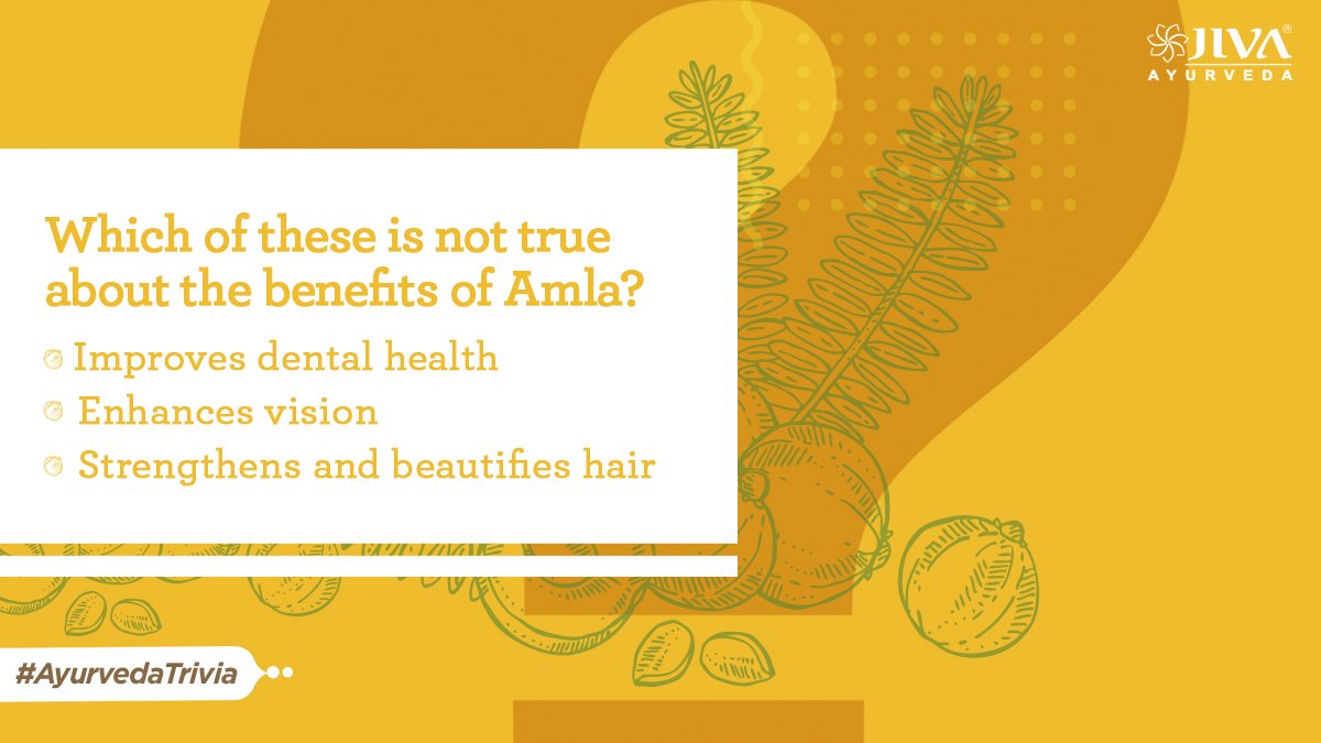 JivaAyurveda's tweet photo. Amla, also known as the “Indian gooseberry” has a myriad benefits and is one of the richest sources of Vitamin C. Identify which of the benefits mentioned above don’t hold true for Amla and let us know in the comments section below.
#Amla #BuildYourImmunity #AyurvedaTrivia https://t.co/k4NJmFrTrj