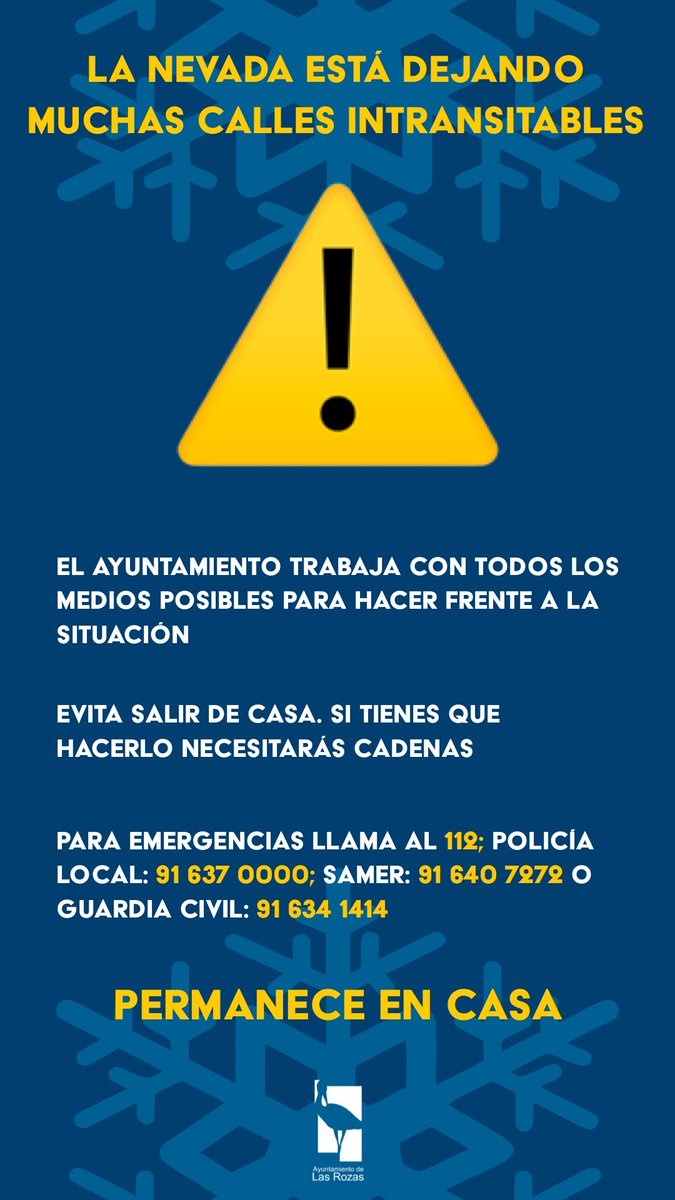 Ayto_Las_Rozas's tweet photo. Por favor, mucha precaución!! Evitad salir de casa, muchas de las calles precisan cadenas. https://t.co/bfrKTqpcGB