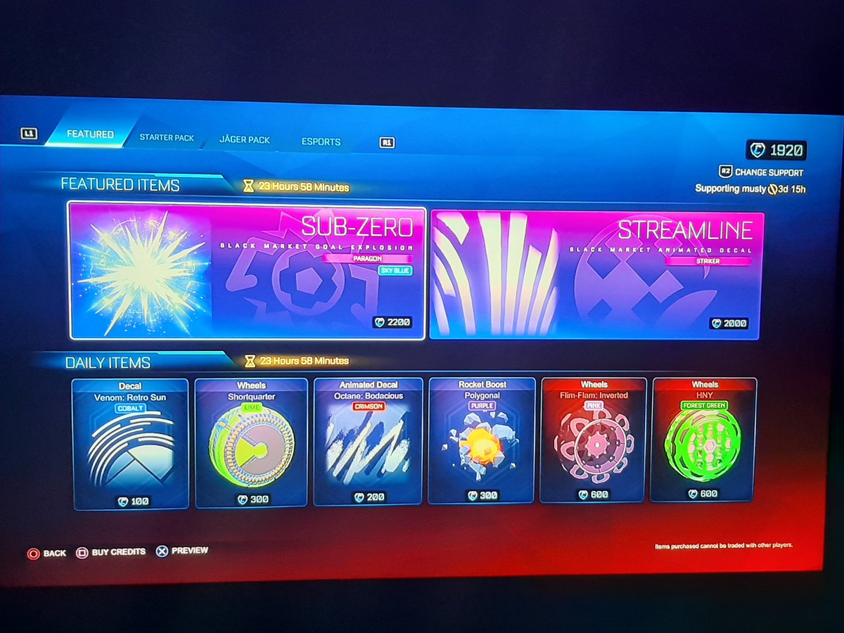 RocketShop_'s tweet photo. 8/1/2021

FEATURED
Sky Blue SubZero / 2200cr
Streamline / 2000cr

DAILY
Cobalt Venom: Retro Sun / 100cr
Lime Shortquarter / 300cr
Crimson Octane: Bodacious / 200cr
Purple Polygonal / 300cr
Pink Inverted Flim-Flam / 600cr
FGreen HNY / 600cr https://t.co/0NuUEJk9Xl