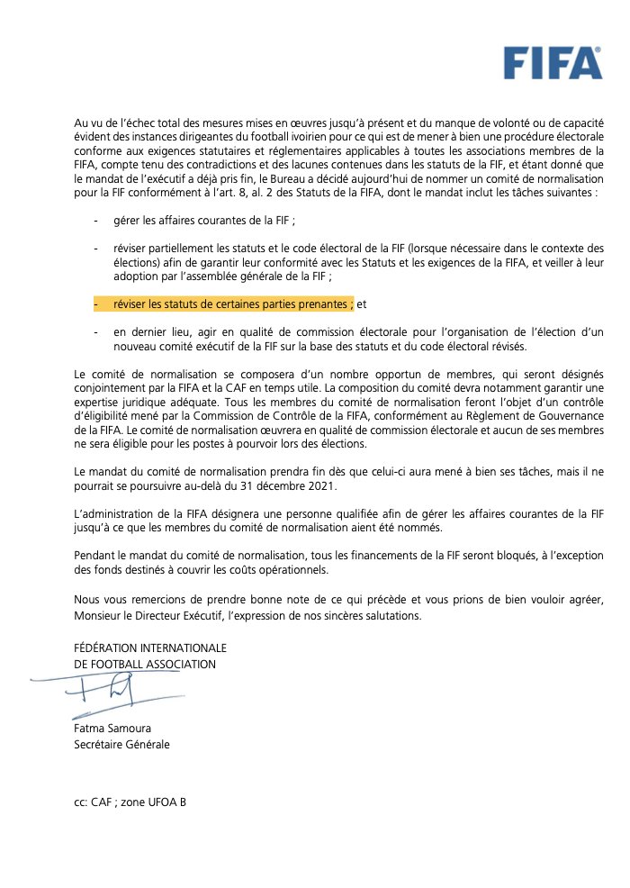 PRPF_Football's tweet photo. Nous publions les quatre pages de la lettre de la @FIFAcom qui met la @FIFCI_tweet sous tutelle d'une commission de normalisation et qui révèle entre les lignes le dessein caché derrière cette démarche. #fifa #fifaleaks https://t.co/JjbQmOBsdY