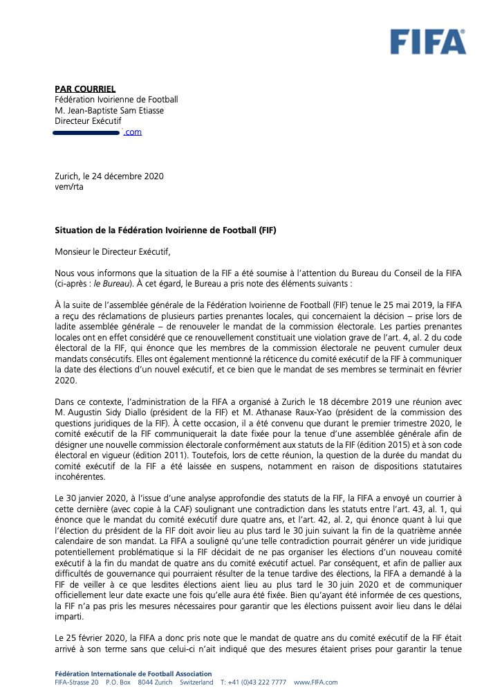 PRPF_Football's tweet photo. Nous publions les quatre pages de la lettre de la @FIFAcom qui met la @FIFCI_tweet sous tutelle d'une commission de normalisation et qui révèle entre les lignes le dessein caché derrière cette démarche. #fifa #fifaleaks https://t.co/JjbQmOBsdY
