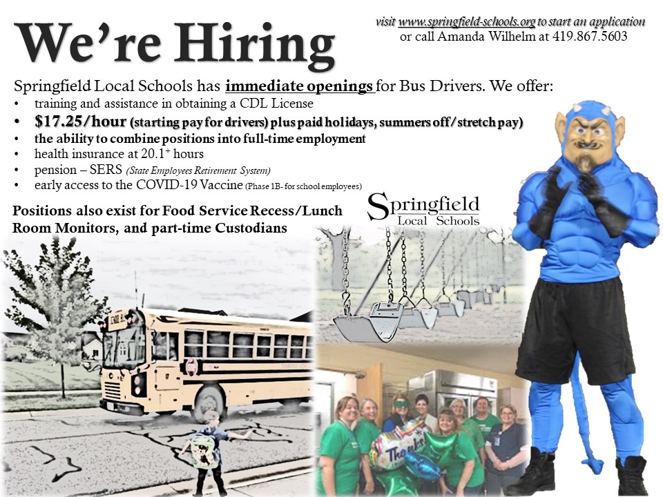 #springfieldstrong - looking to start 2021 with a new job?  We can help with that - check out our openings!  To start your application, visit springfield-schools.org homepage &amp; click on the link under "Work for Us!"