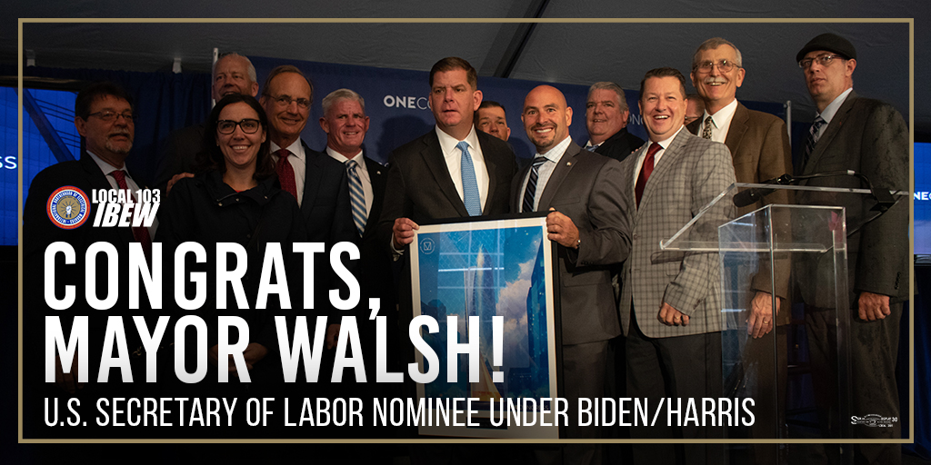 The first #union member to serve as #LaborSecretary in more than 50 years: <a href="/MartyJWalsh/">Marty Walsh</a>, a strong ally of #IBEW #Local103 and the #labor movement! Looking forward to the great good he will do for working people across the nation at this critical time. <a href="/LAntonellis103/">Lou Antonellis</a> <a href="/JoeBiden/">Joe Biden</a>