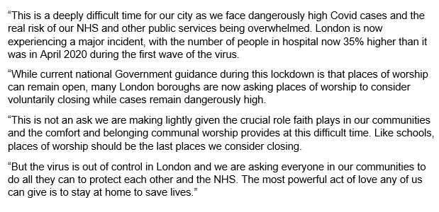 londoncouncils's tweet photo. With a major incident declared in London due to the pandemic reaching almost uncontrollable levels, boroughs are reluctantly speaking to faith leaders to ask that they consider voluntarily closing communal worship spaces. A message from our Chair @georgia_gould #keeplondonsafe https://t.co/nlQcqy0XBs