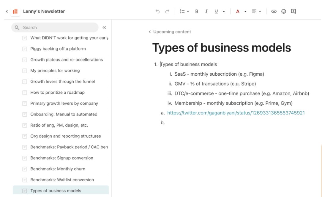 7/ Strategy #7: Have an idea dumping groundWhen you have time to write, you want to avoid the blank page as much as possible. What helps me is having a place to dump random idea as they come, which I can build and add to over time. I use Coda pages for this.