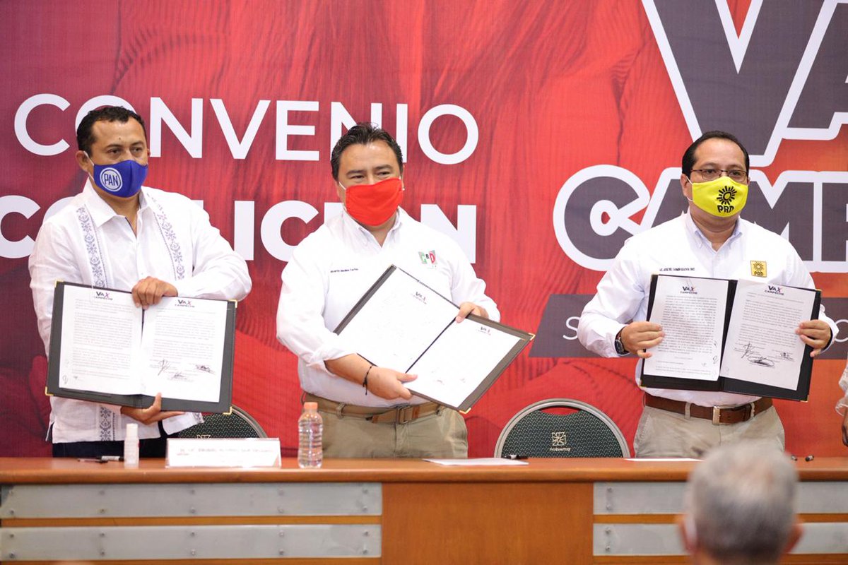PRICampecheMX's tweet photo. #PRIUnidos Los presidentes de los Comités Directivos Estatales de @AccionNacional, @PRDMexico y @PRI_Nacional, en Campeche, firmaron el convenio de la coalición #VaXCampeche, con la que competirán, en unidad, en la contienda electoral del próximo 6 de junio. https://t.co/7wTlA6dbEy