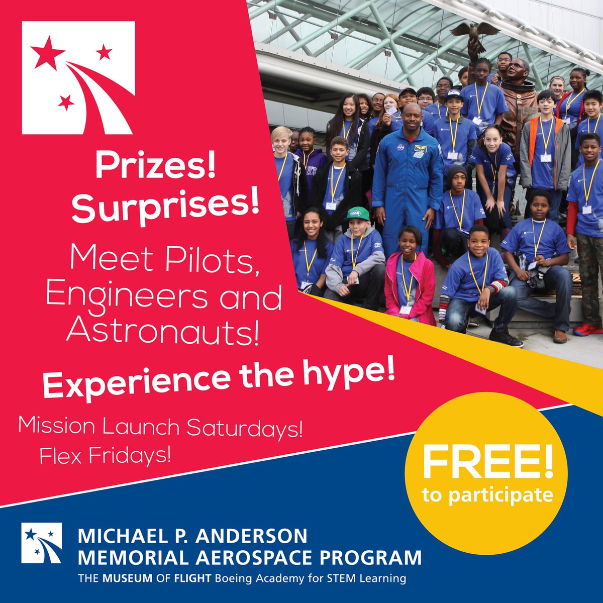 BoeingAcademy's tweet photo. The Michael P. Anderson Memorial Aerospace Program (MPA) is going virtual! This program was created to inspire underserved middle school (6th-8th) youth from throughout Washington State.
To Apply➡ https://t.co/HwUwpFzbJs https://t.co/qxUTuv7gsZ