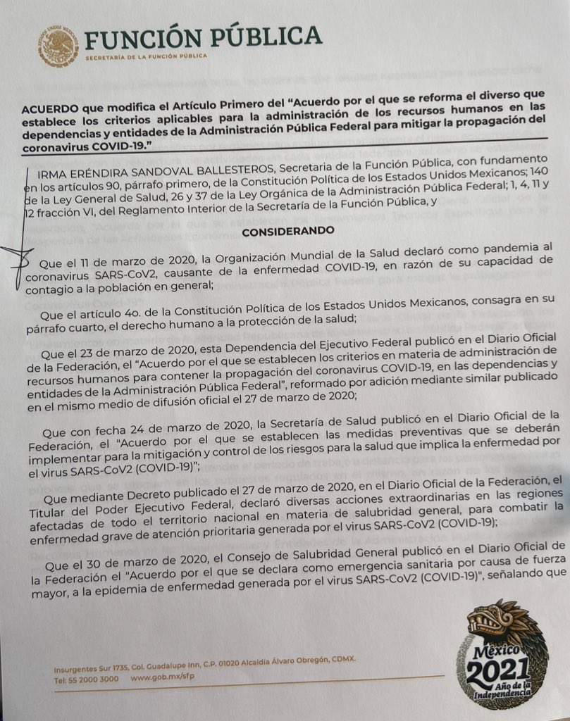 Se mantienen muy críticos los niveles de contagio del Coronavirus #COVID-19 razón por la que he determinado en pleno uso de mis atribuciones para fijar las políticas de recursos humanos en la APF, ampliar el trabajo a distancia hasta el próximo 30 de abril. @SFP_mx