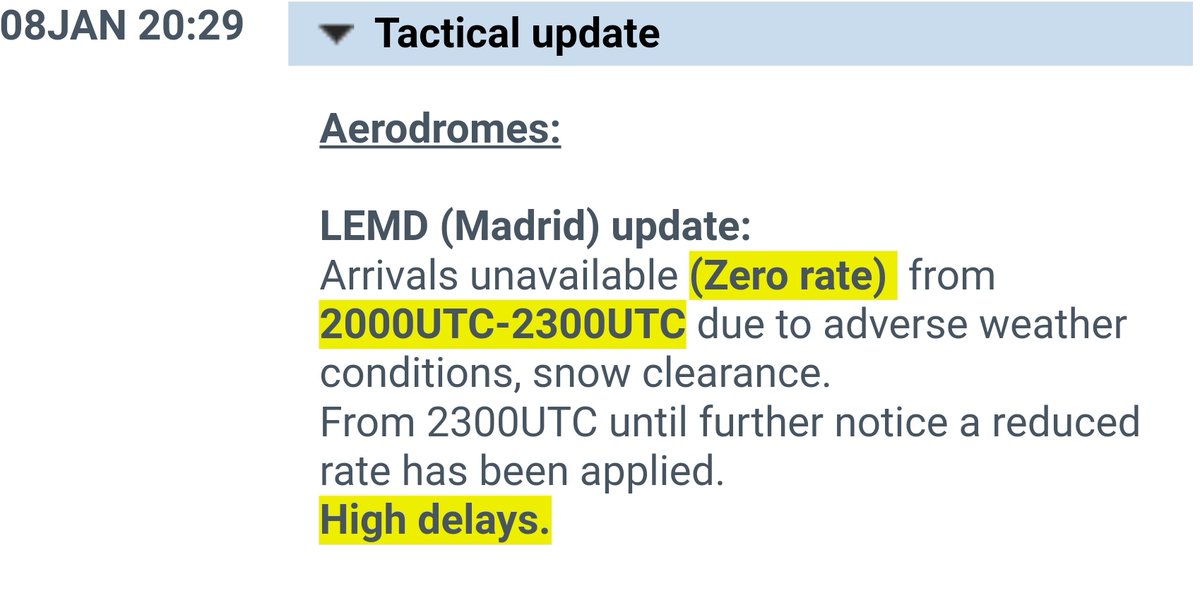 controladores's tweet photo. Rate cero para #Madrid. Según la web de Eurocontrol, el aeropuerto de Madrid Barajas no está operativo para llegadas. La previsión es que la situación se mantenga hasta la medianoche. https://t.co/Fj8C7rLh24 https://t.co/XXSkJVgJFo