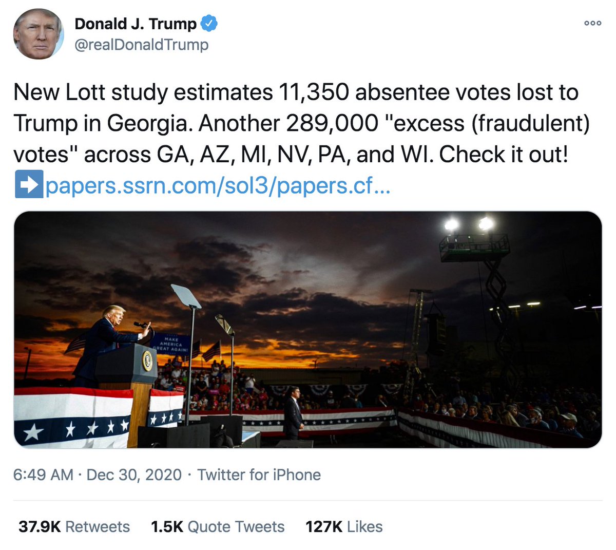 Lott posted his paper in December. Trump and others promoted it. It was touted by @realPeterNavarro as a game-changer.