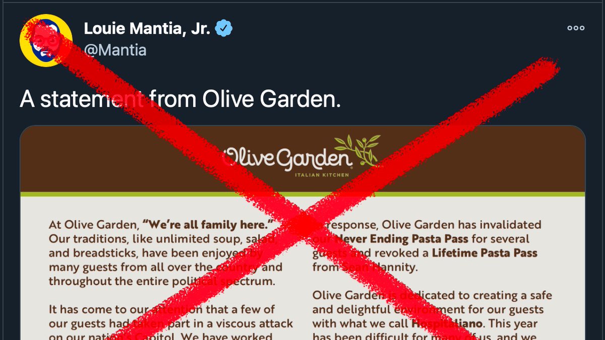 This morning I made a “social media statement”-style joke image as if it had come from Olive Garden, and I want to talk about why I made it and why I deleted it.Just so I’m abundantly clear: it’s not a real statement.