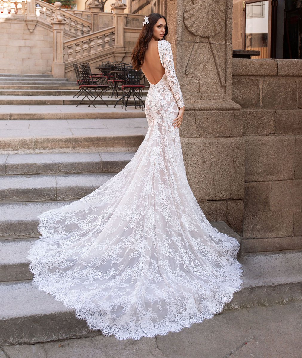 For the brides who love elegant Chantilly lace, the 'Telesto' gown from <a href="/pronovias/">Aria</a> is layered with cuts of gorgeous flowers blooming from the bodice down to the skirt and finished with an open-back. 
Drop a 🤍 below if you can see yourself in this gown😍
______
#KleinfeldCanada