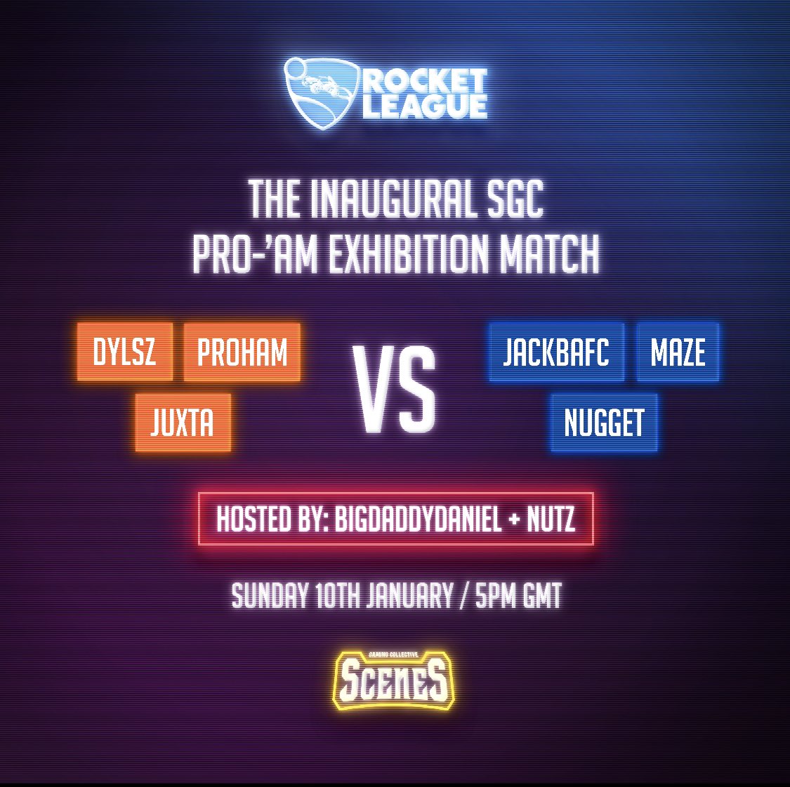 ScenesGC's tweet photo. So with our first entry to the Twitter world we are proud to announce our in house Rocket League Exhibition Match. Sunday at 5pm GMT! Catch it live on Twitch https://t.co/LcTKat8eZo